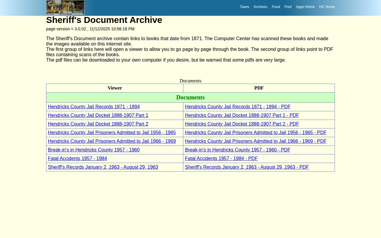 Hendricks County historical sheriff jail record archive